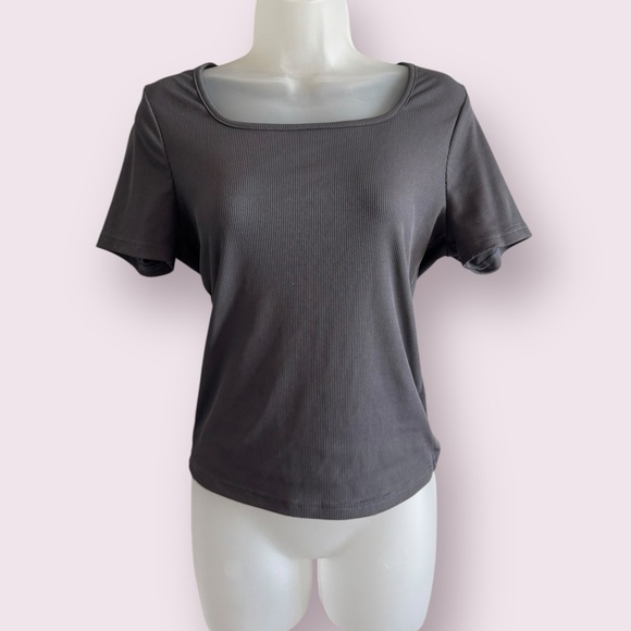 SHEIN Gray Fitted Top - Square Neck Short Sleeve Basic, Size L - Picture 1 of 5